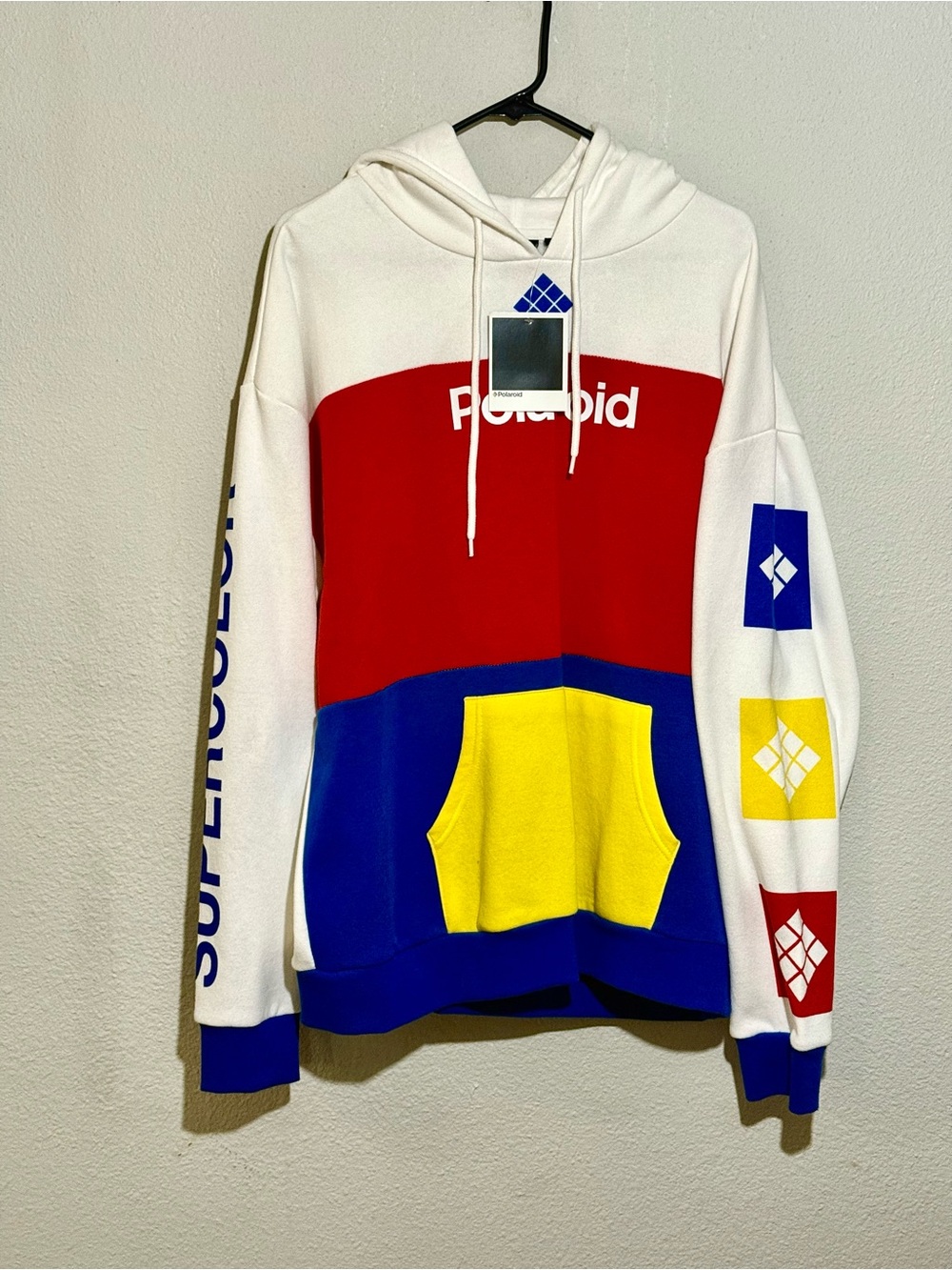 Polaroid Colorblock Hoodie Sweatshirt - White/Red/Blue/Yellow Mens Large